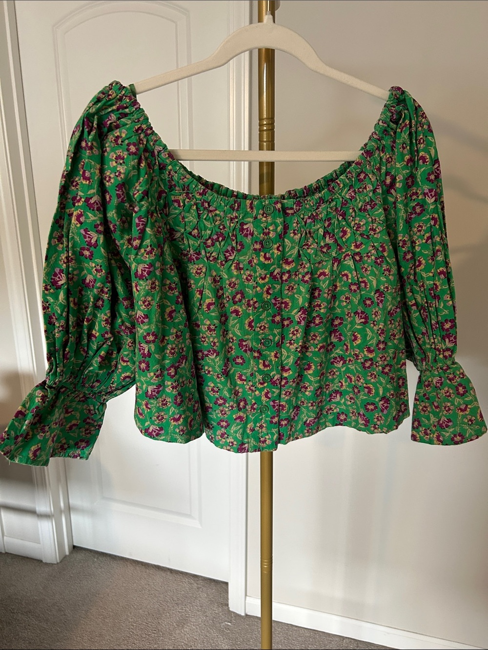 Free People James Smock top Green Floral Off-Shoulder Peasant Blouse cropped
